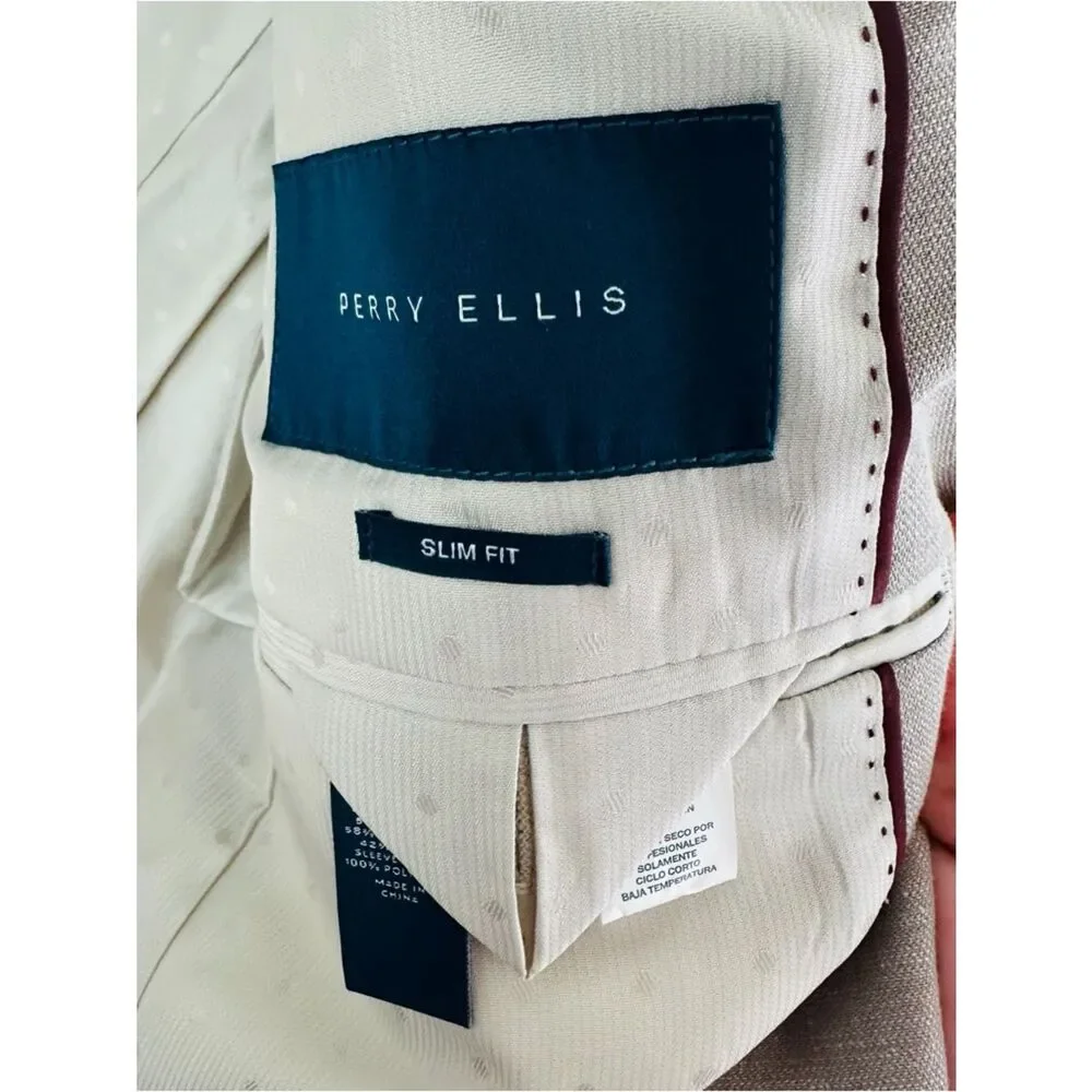 Perry Ellis Beige Linen Blend Suit Jacket Skim Fit Size 40 Short Flaw